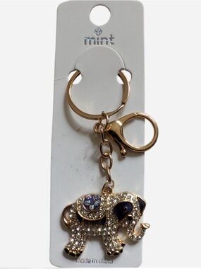 Mint Gold Elephant Rhinestone Keychain with Blue Accents